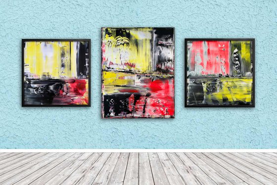 "The Reckoning" - Save As A Series - Original PMS Large Abstract Triptych Acrylic Paintings On Plexiglass and Gallery Wrap Canvas, Framed - 80" x 35"