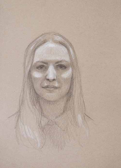 life model portraitl - charcoal, pencil and white chalk on colored paper by Olivier Payeur