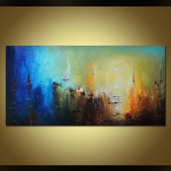 Lunar Boats 3, Abstract landscape painting, free shipping