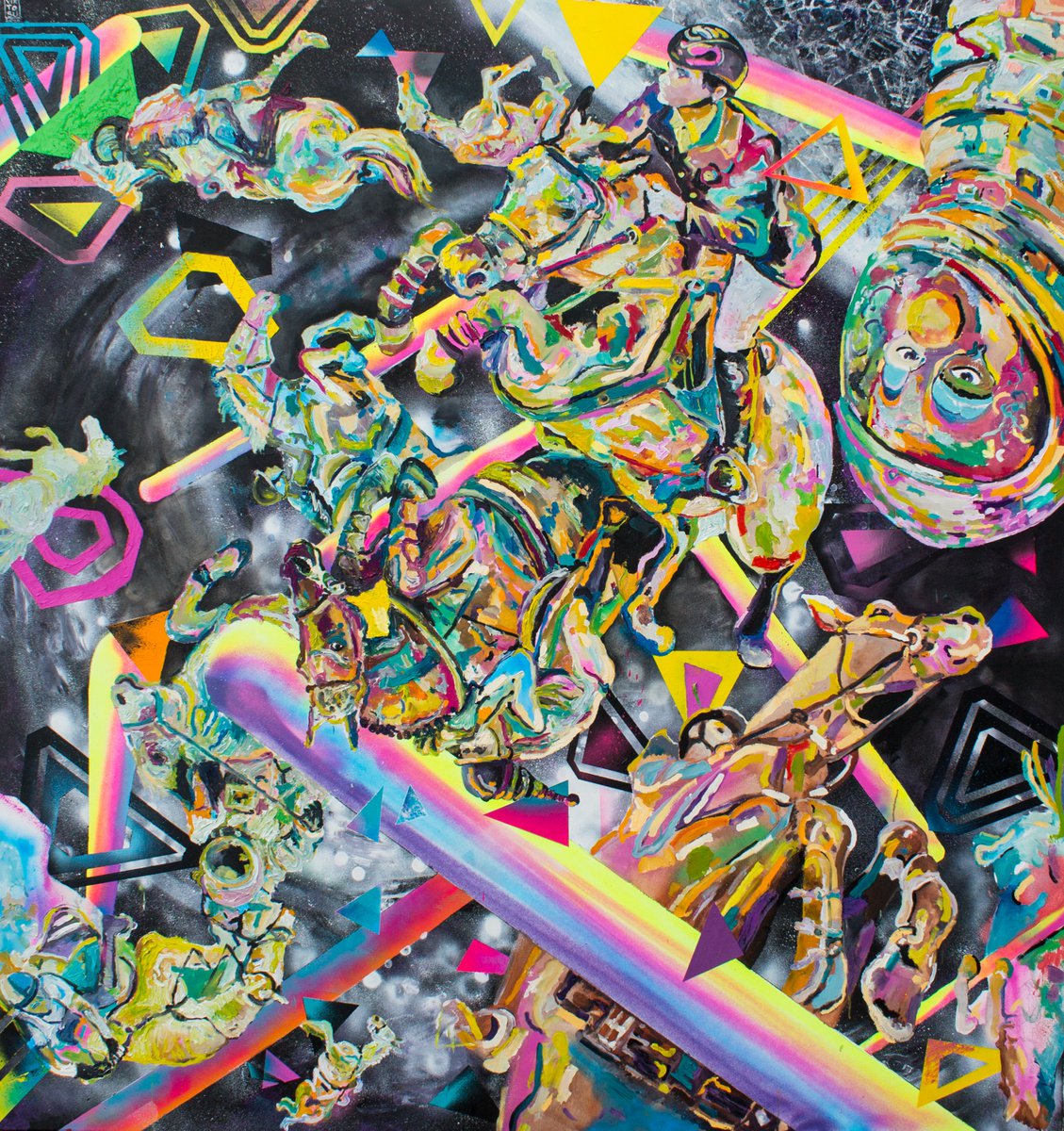 Surrealistic Landscape Oil Painting By Dominic Virtosu, 63 X 67, Lasers, Horses & Astronauts, Original Artwork