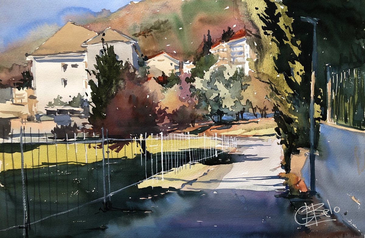 Landscape Watercolour By Olga Beloborodova, 18 X 12", Sunny Street, Original Artwork