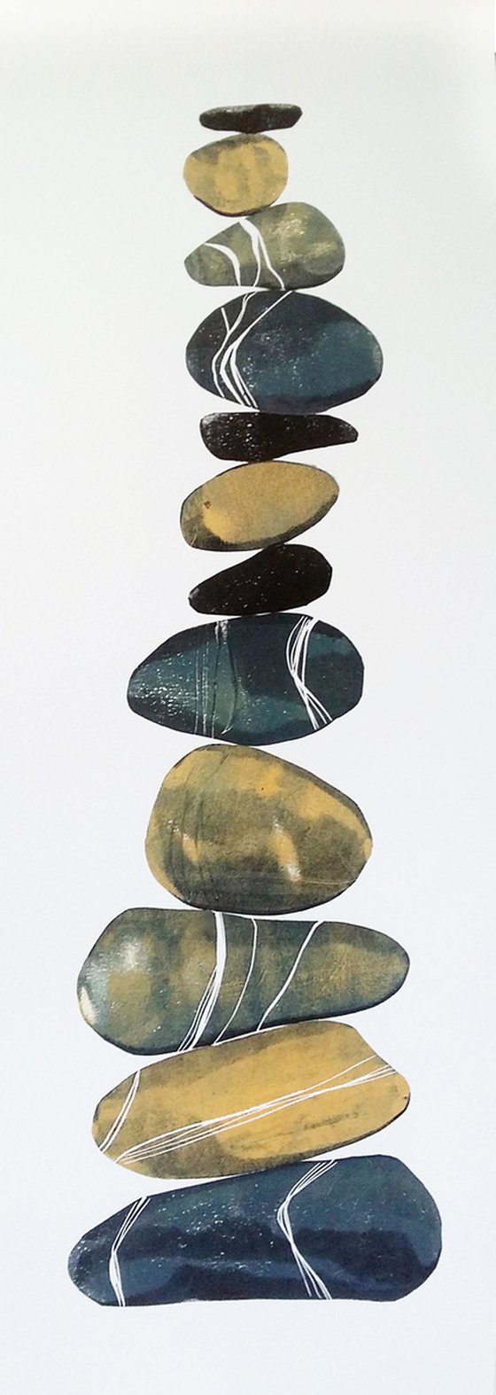 Zen stones - Twelve stones #4  ( banded balancing stones lino/monoprint)