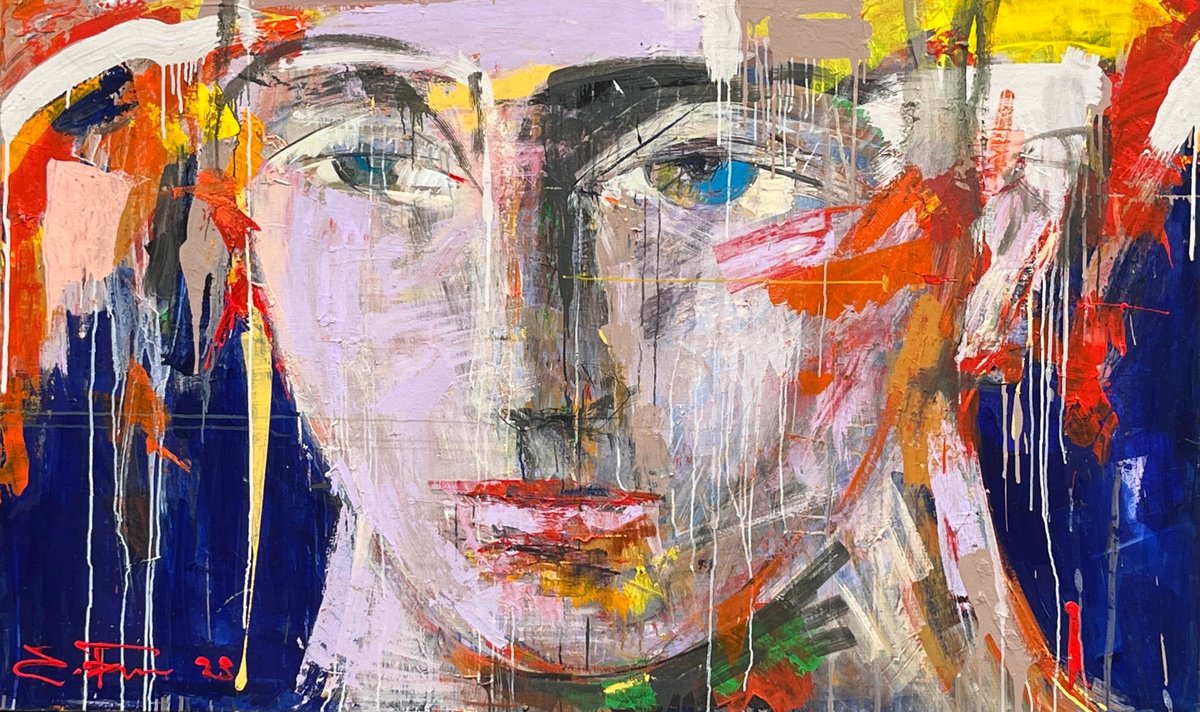 Expressive Portrait Oil Painting By Eduard Belsky, 79 X 47, Bright Image, Original Artwork