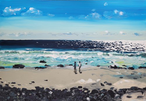 Walking on a lonely beach. Ocean painting. by Kathrin Flöge