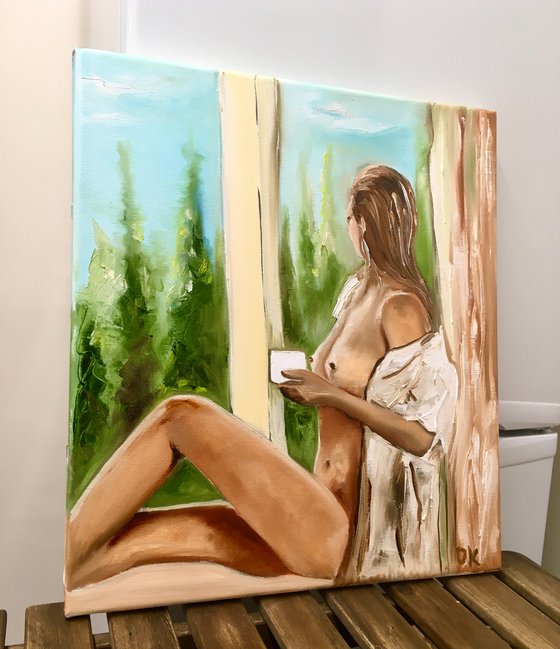 Cap of coffee, morning girl. Nude, girl, beautiful woman.