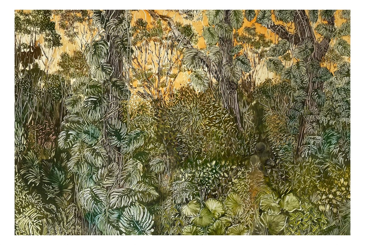 Expressive Landscape Oil Painting By Maija Nochevnaya, 28 X 20", Evening In The Tropical Forest, Original Artwork