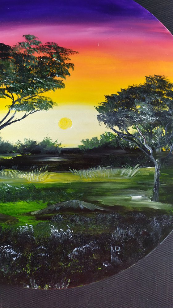 Calm sunset, original landscape oil painting on wooden plate, Gift, art for home