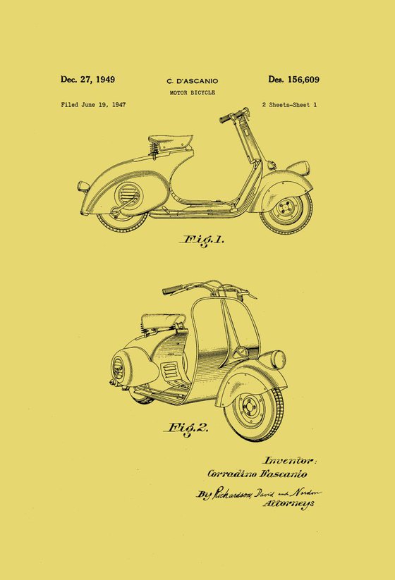 Motor Bicycle Patent - Circa 1949 - Black Line Drawing