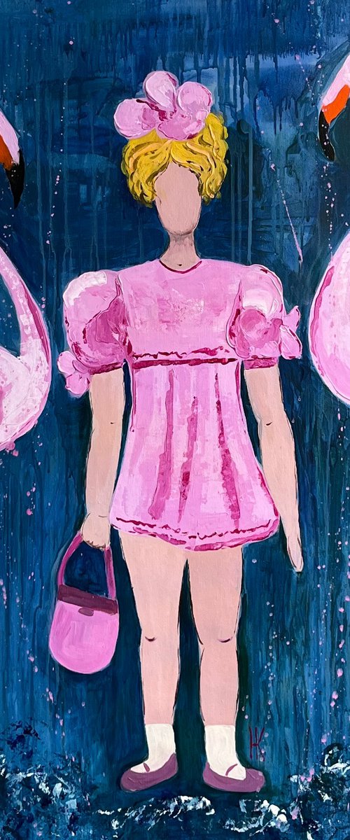 Girl Flamingo Painting by Halyna Kirichenko
