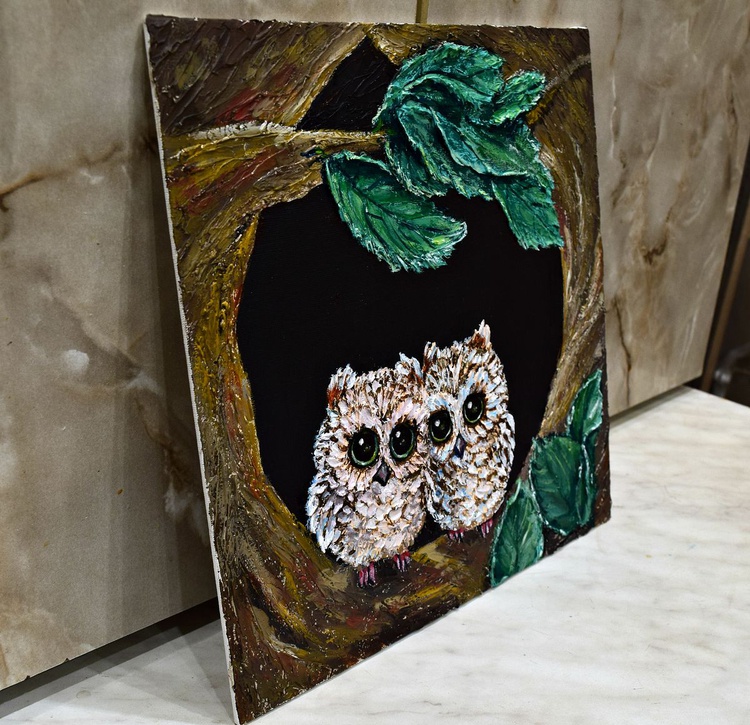 Cute Owls 30 X 30 Cm Impasto Acrylic Painting Artfinder