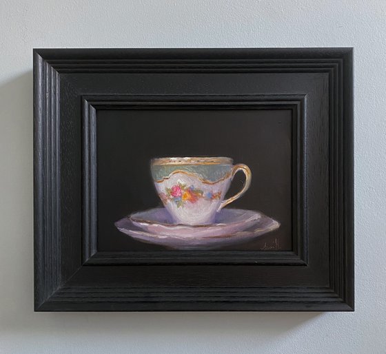 Original oil painting vintage cup & plate trio, still life.