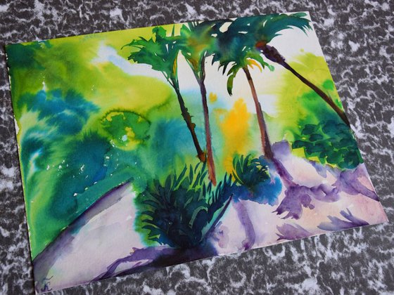 Abstract tropical trees original watercolor painting Spanish green forest