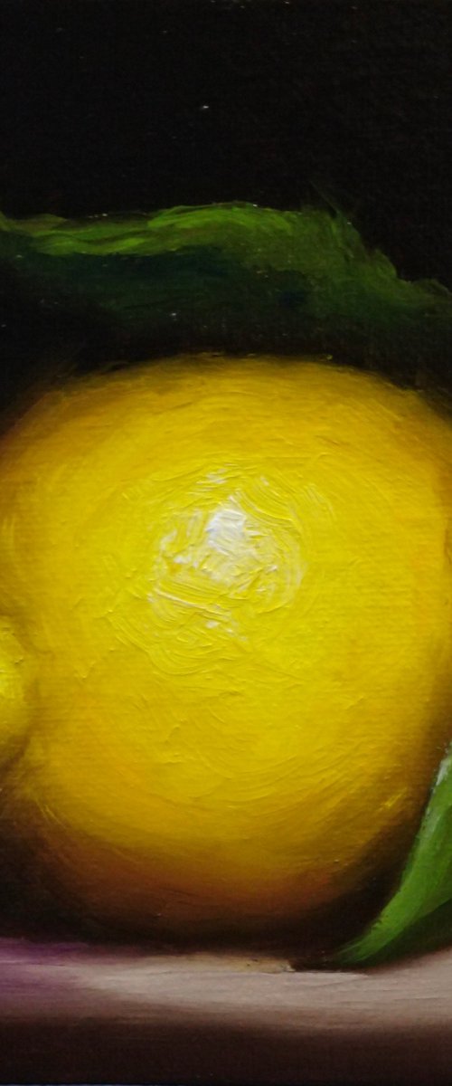 Lemon  with leaf  still life by Jane Palmer Art
