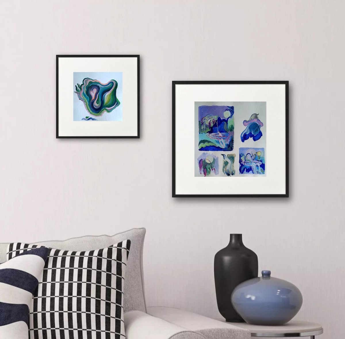 Organic Abstract Acrylic Painting By Tetiana Borys, 11 X 11", Summer Landscape (Diptych), Original Artwork