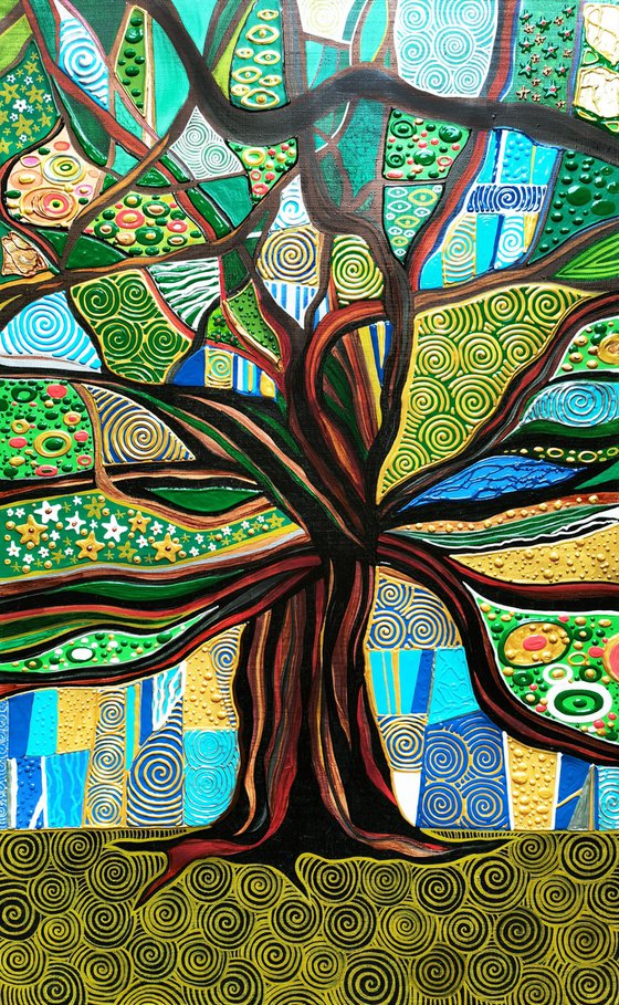 Huge green abstract painting Tree of life. Large abstract wall art