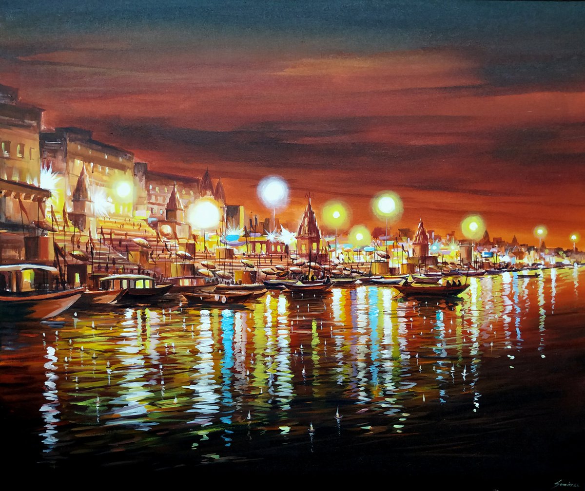 Impressionistic Cityscapes Acrylic Painting By Samiran Sarkar, 36 X 30", Cloudy Night Varanasi Ghats, Original Artwork