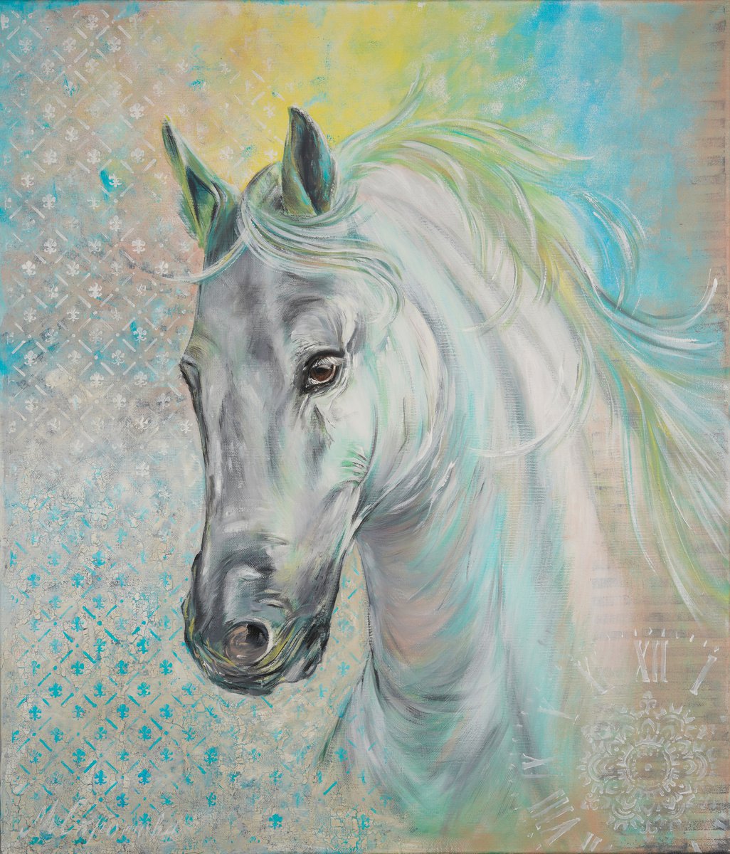 GRACE -White horse. Stallion. Totem animal. Running horse. Wild Horse. Gorgeous mane. Abst... by Marina Skromova