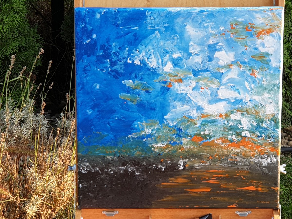 Impressionistic Landscape Acrylic Painting By Daniel Urbani?k, 16 X 16, Landscape With A Lake 1, Original Artwork