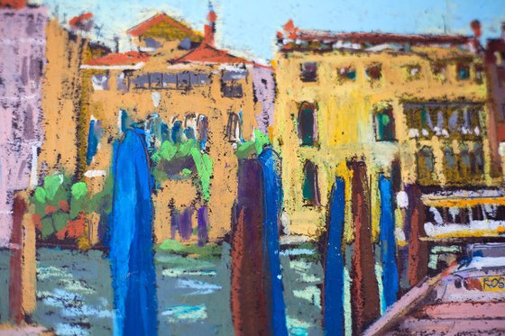 Venice. View of the Canal and boats. Cities of my dreams series. Small oil pastel drawing bright colors italy