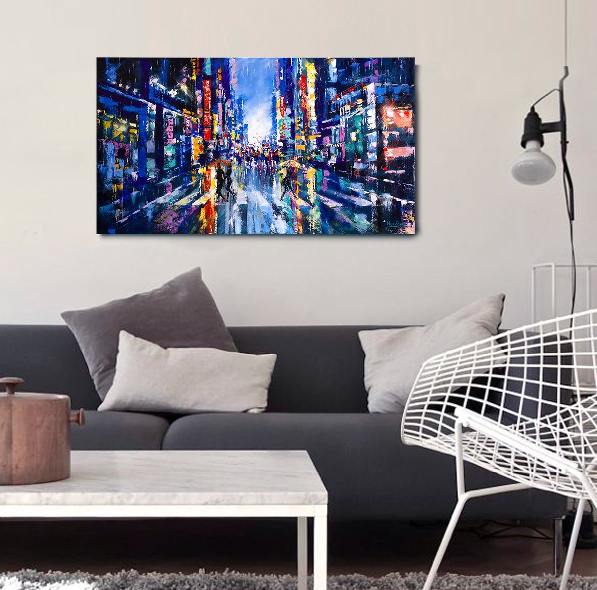 Impressionistic Cityscapes Oil Painting By Aleksandr Neliubin, 35 X 20, Night City Lights, Original Artwork