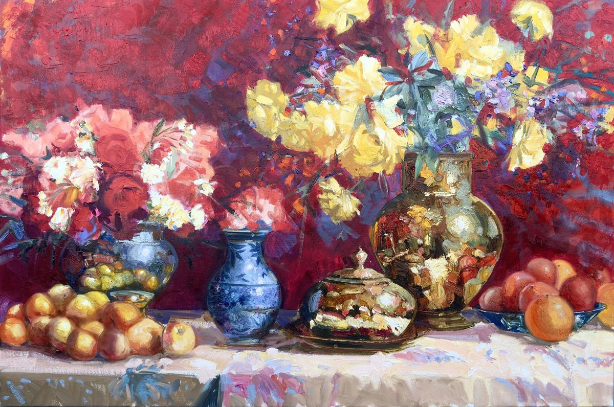 Impressionistic Botanical Oil Painting By Khanlar Asadullayev, 47 X 31", Harmony In Bloom, Original Artwork