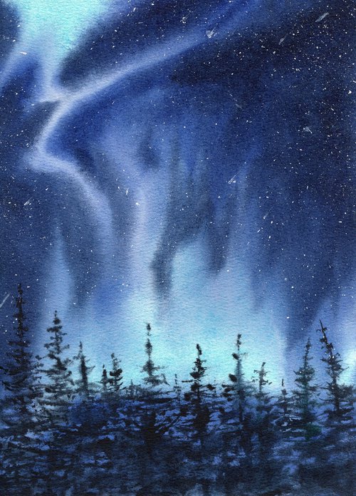 Polar light over the forest. by Evgeniya Mokeeva