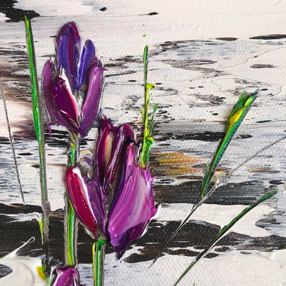 LILIES IN THE SNOW - Spring. Lilies. Snow. Abstract flowers. Melt. Bloom. Purple. Sprouts.