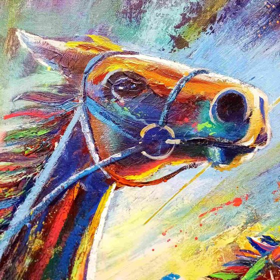 Dynamic Horse Racing Scene, Captivating Artwork of Leadership in Impressionist Style