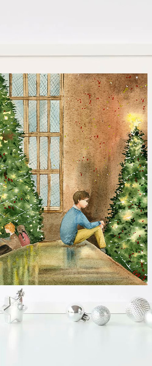 Harry Potter in the Hogwarts Hall. Christmas. Watercolor artwork. by Evgeniya Mokeeva