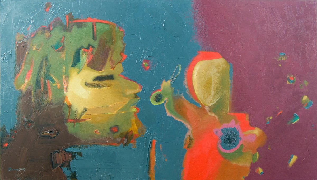 Expressive Portrait Oil Painting By Mykola Dzhychka, 55 X 31", Blind Spoon Feeding, Original Artwork