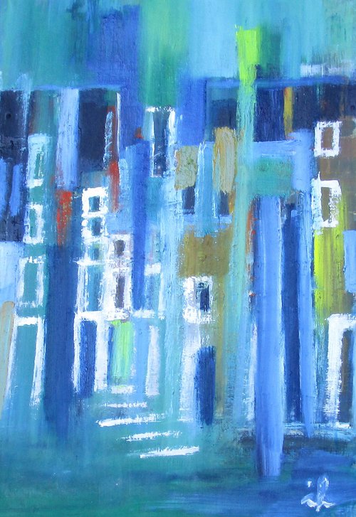 Facade in White and Blue, modified, 20 x 29 cm, by Ingrid Knaus