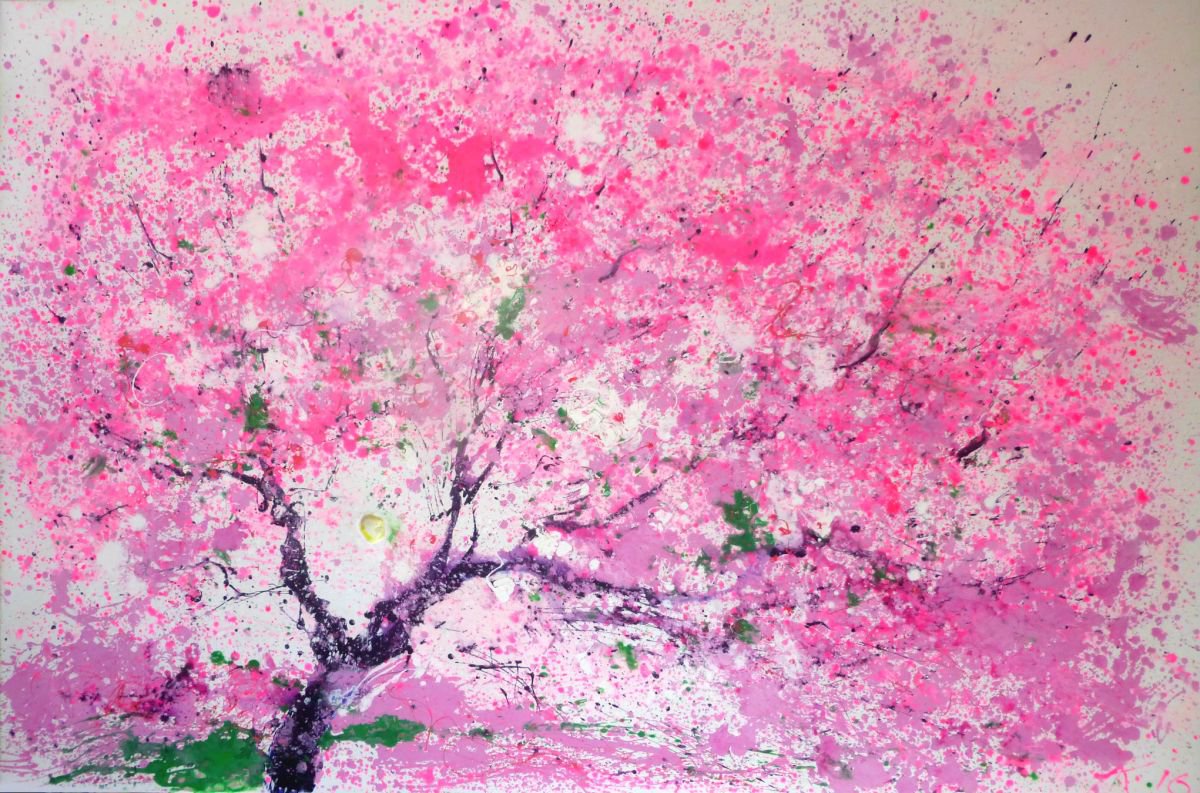 Как нарисовать дерево сакуры. Пуантилизм Сакура. Дерево Сакура ватными палочками. Сакура гуашью. Цветущее дерево красками.
