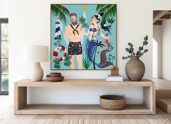 The Sailor and the Mermaid - Lighthouse - Art-Deco - Summer - XLarge painting