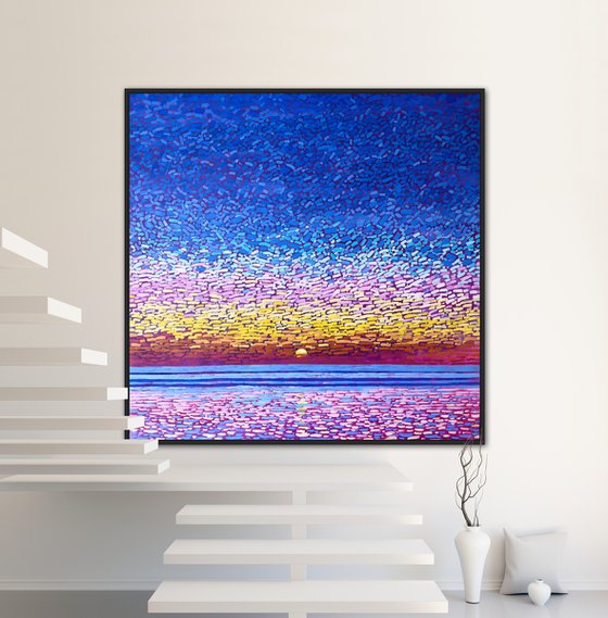 Large seascape painting, abstract sunset