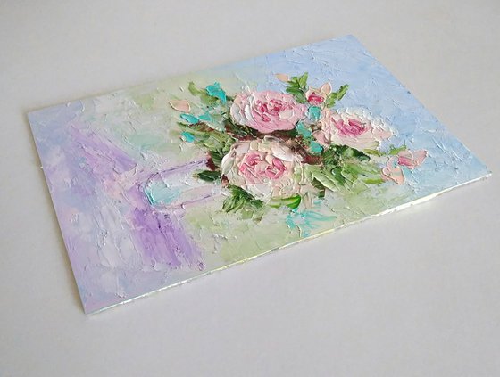 Pink Roses Painting Original Art Small Oil Artwork Flower Wall Art Floral Mini Oil Painting