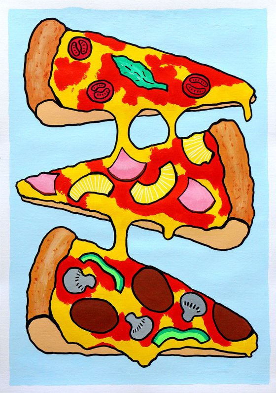 Three Slice Pizza Pop Art Painting On A3 Paper (Unframed)