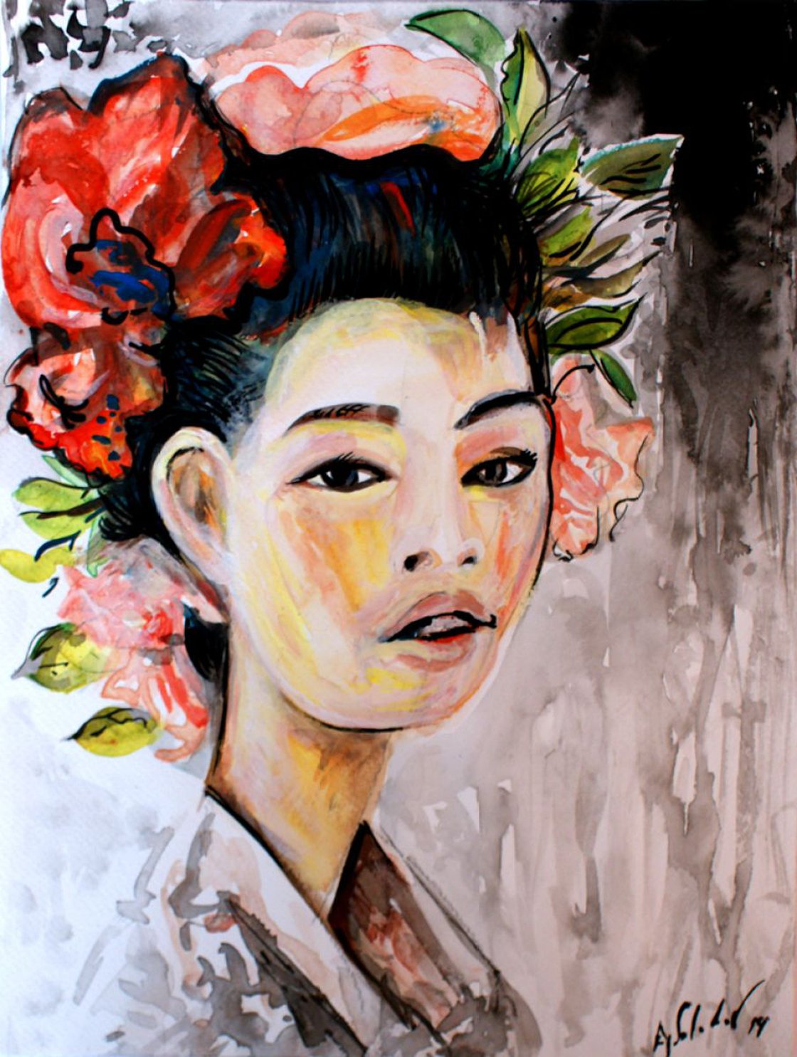 Chinese Girl with flowers Watercolour by Alex Solodov Artfinder