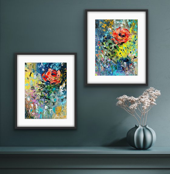 Symphony in Scarlet - Diptych Painting - Roses