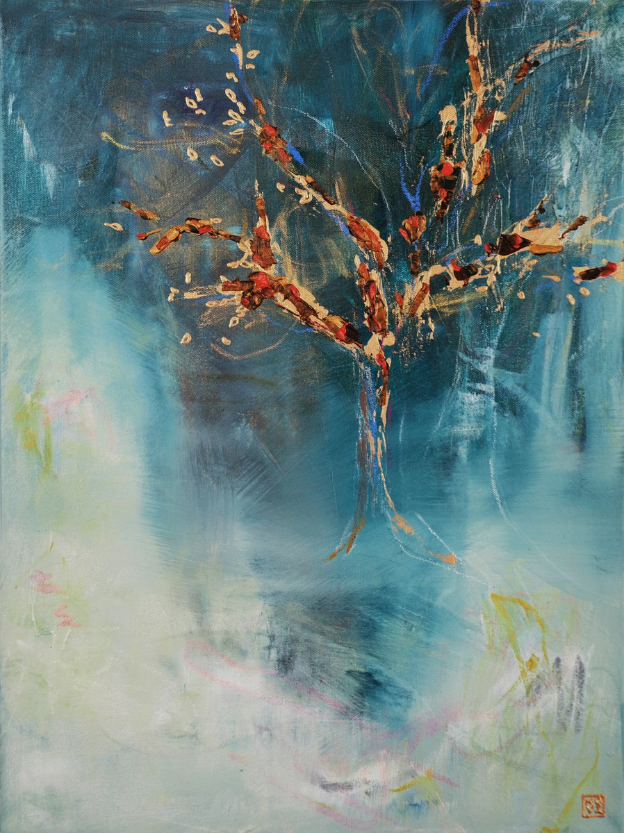 Abstract Acrylic Painting By Novi Lim, 20 X 26", Moonlit Orchard, Original Artwork