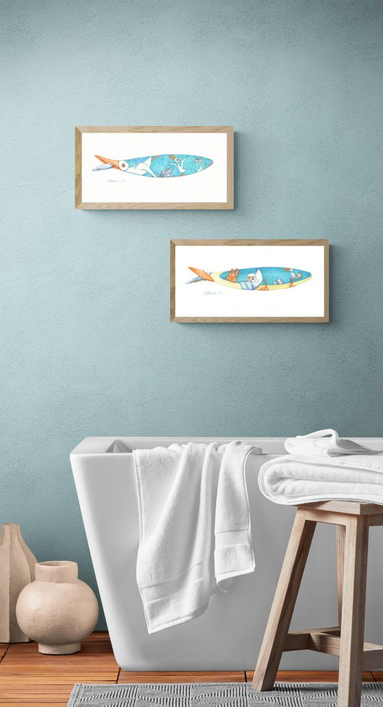 Cuckoo, Don’t miss the boat! 42x20cm. Workaholic take a rest! 42x20cm. Set from the series My Sardines / ORIGINAL art Fish picture