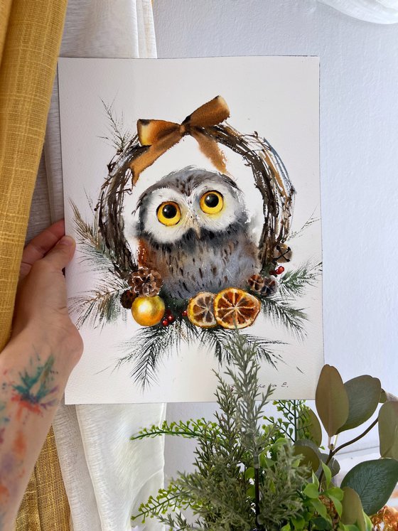 Owl and Christmas wreath #3