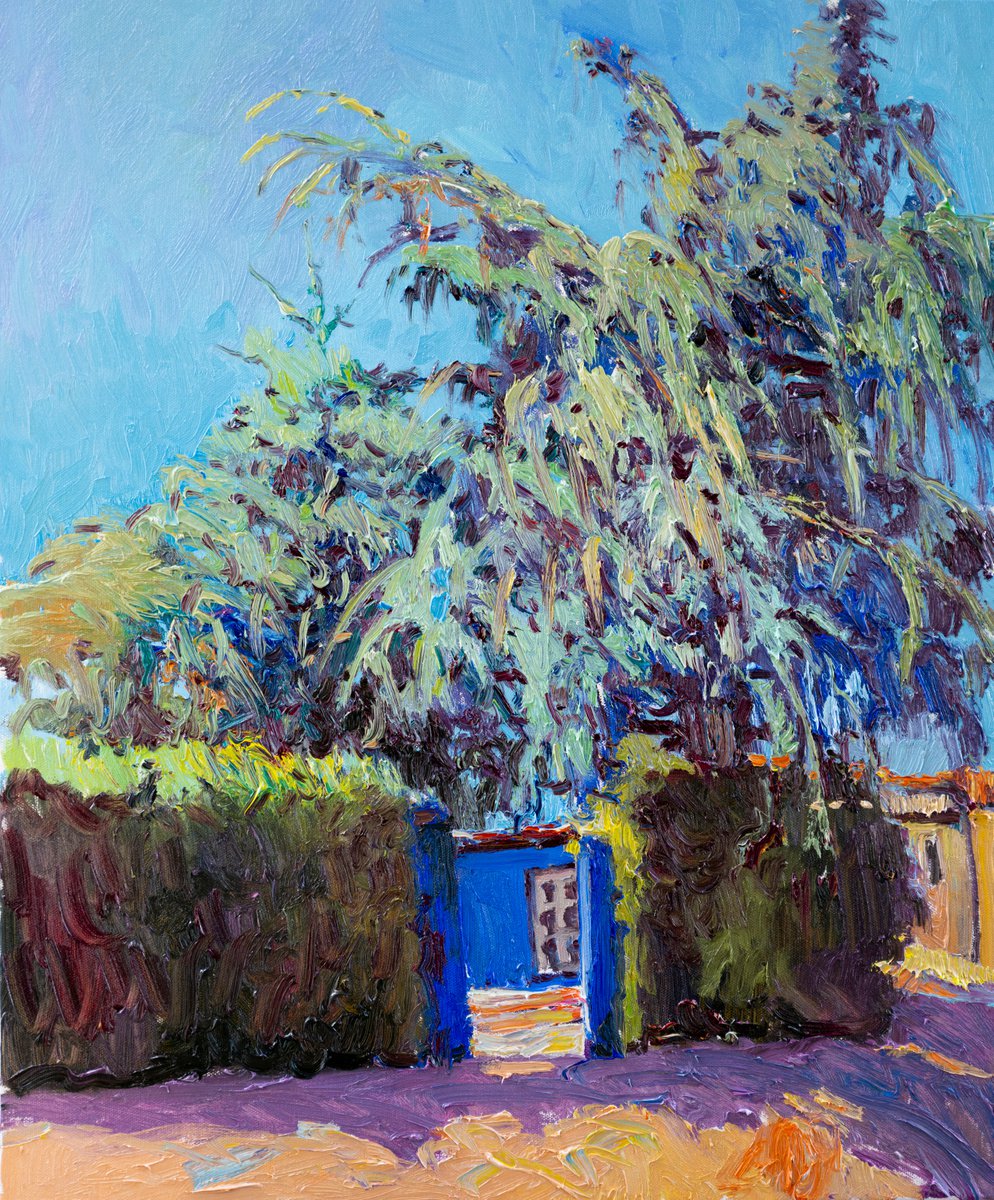 Blue House And Cedar Tree By Suren Nersisyan, 20 X 24, Artwork For Sale On Artfinder