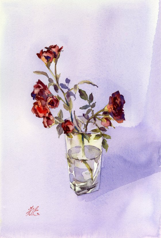 Little red roses in a glass, Watercolor painting