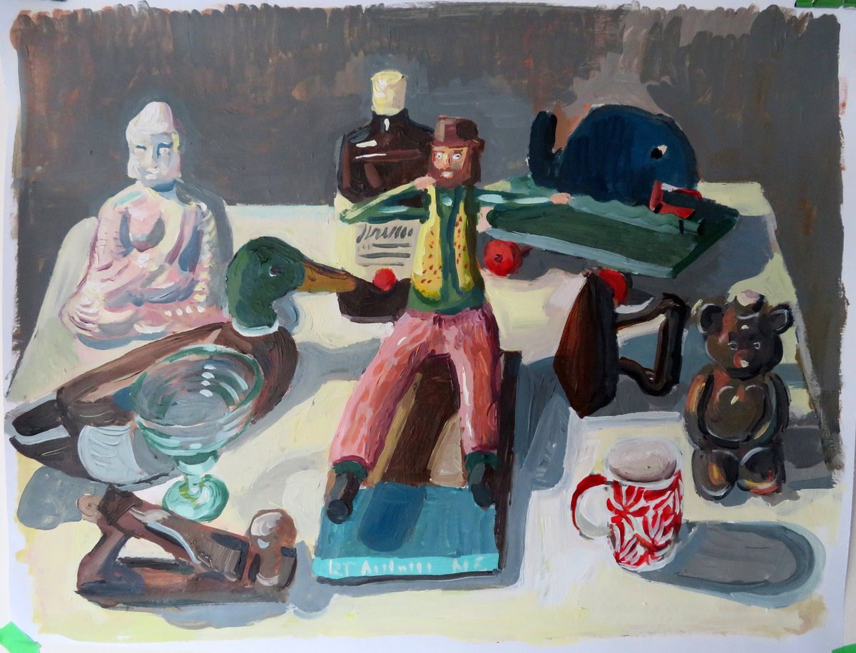 Impressionistic Still Life Acrylic Painting By Stephen Abela, 28 X 22", Still Life With Wood Sculpture, Original Artwork