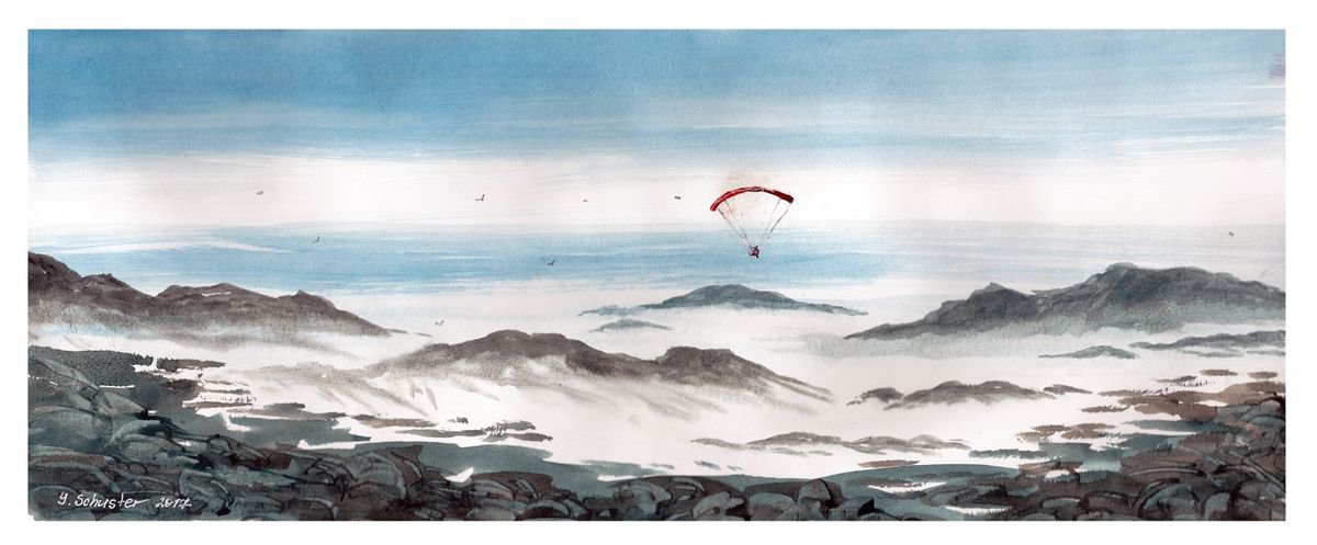 Impressionistic Landscape Watercolour By Yulia Schuster, 22 X 9", Free Flight, Original Artwork