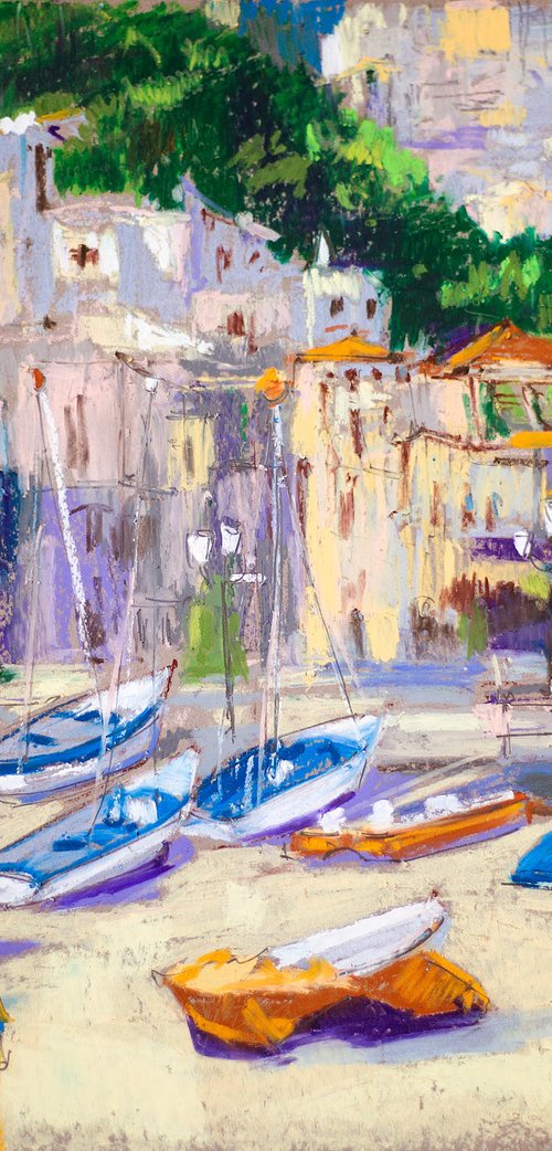 Minori, Amalfi coast. View from the sea. Cities of my dreams series. Medium oil pastel drawing bright colors italy by Sasha Romm