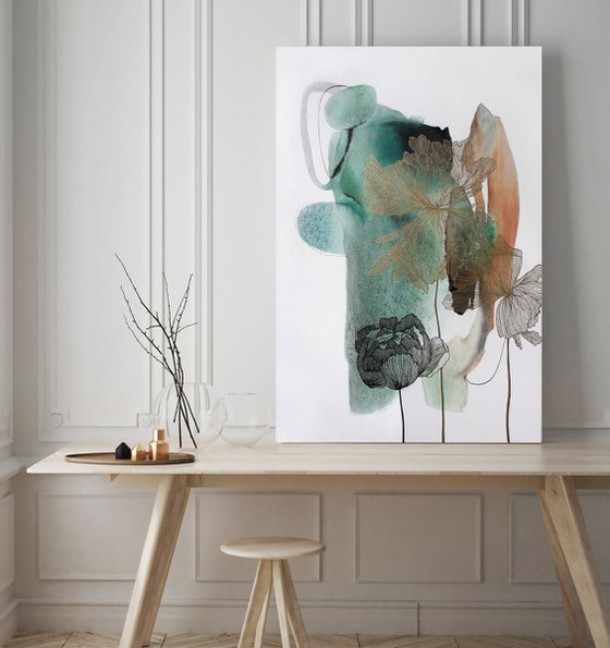 "Green Thincord" Green gold flowers art