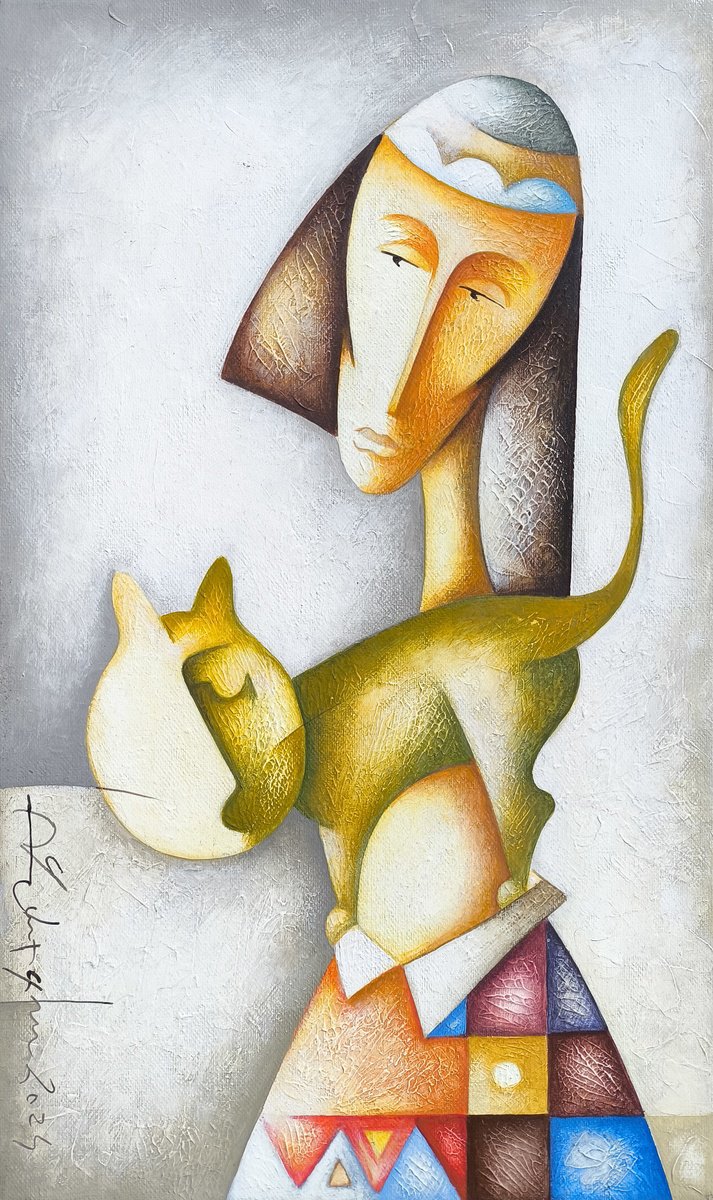 Naive Portrait Acrylic Painting By Sargis Zakarian, 12 X 20", Feline Intimacy, Original Artwork
