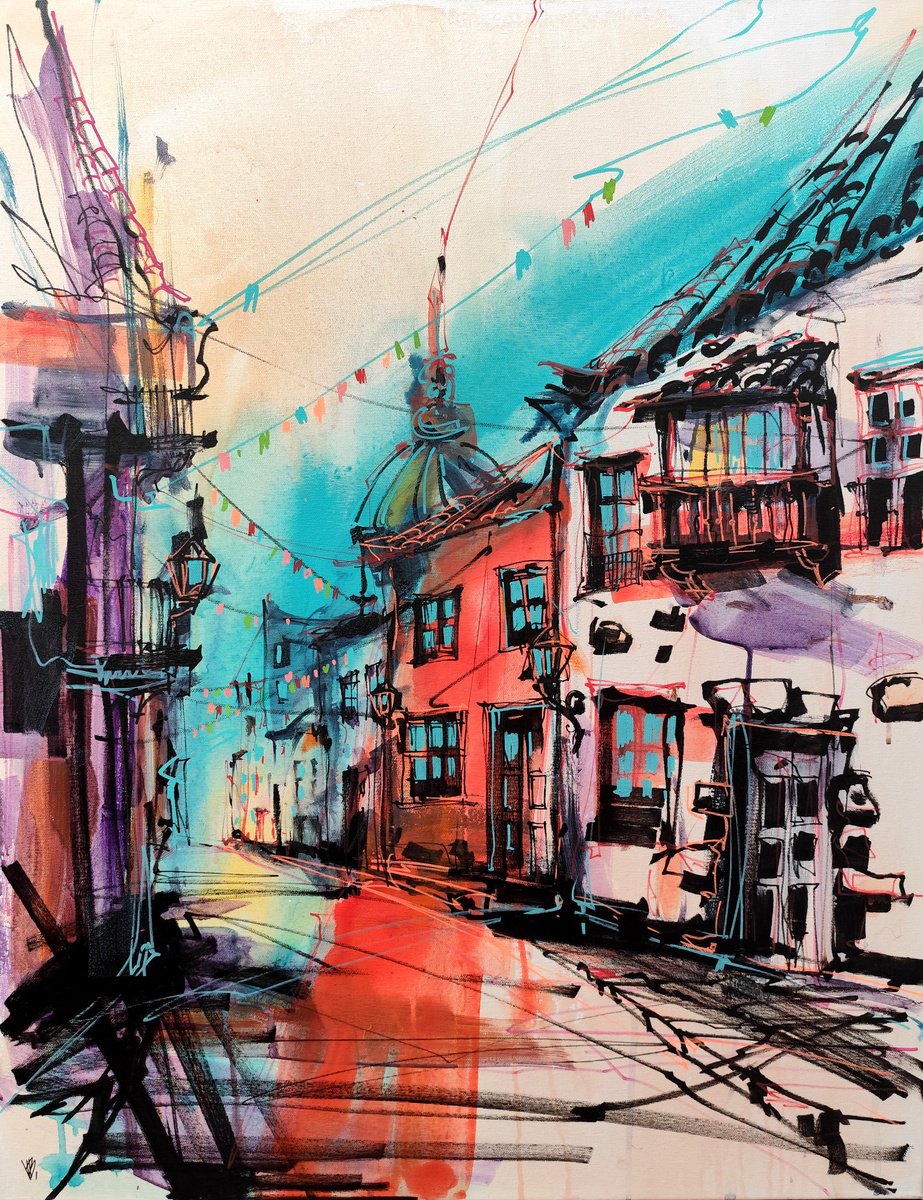 Expressive Cityscapes Acrylic Painting By Volha Belevets, 29 X 36", City In Celebration, Original Artwork