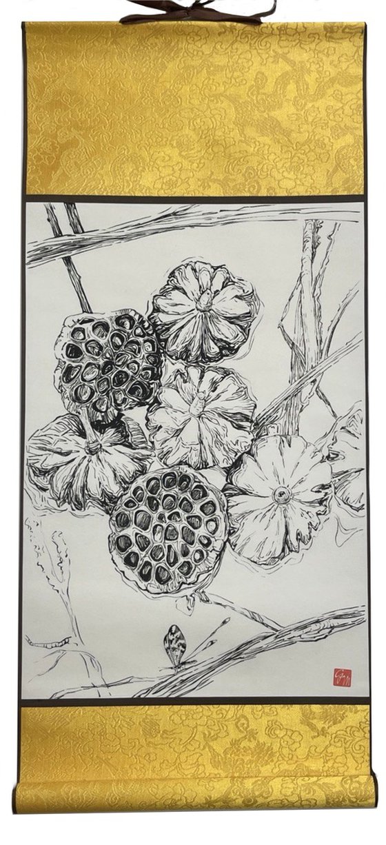 Lotus pods ink drawing